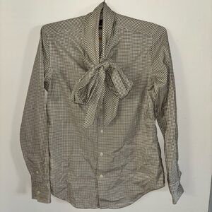 Ralph Lauren Sport Shirt Womens 10 Tattersall Tie Neck Slim Fit Button Down top